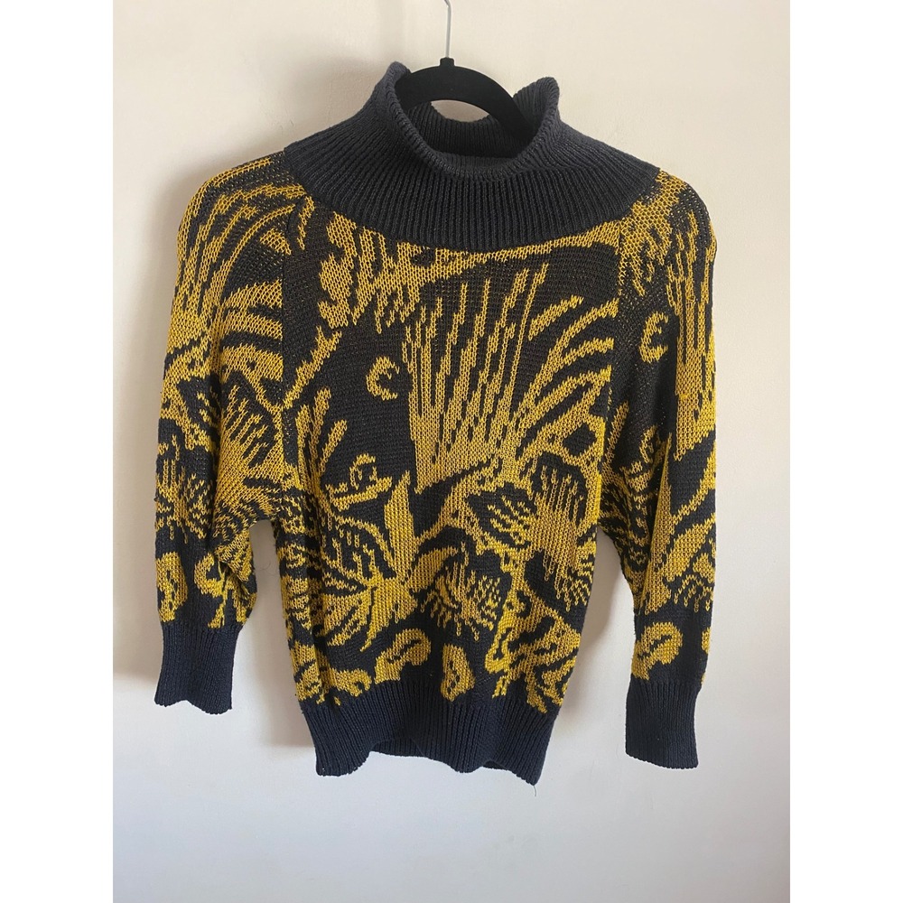 Selectives Vintage Yellow Black Abstract Tropical Knit Turtleneck Sweater S